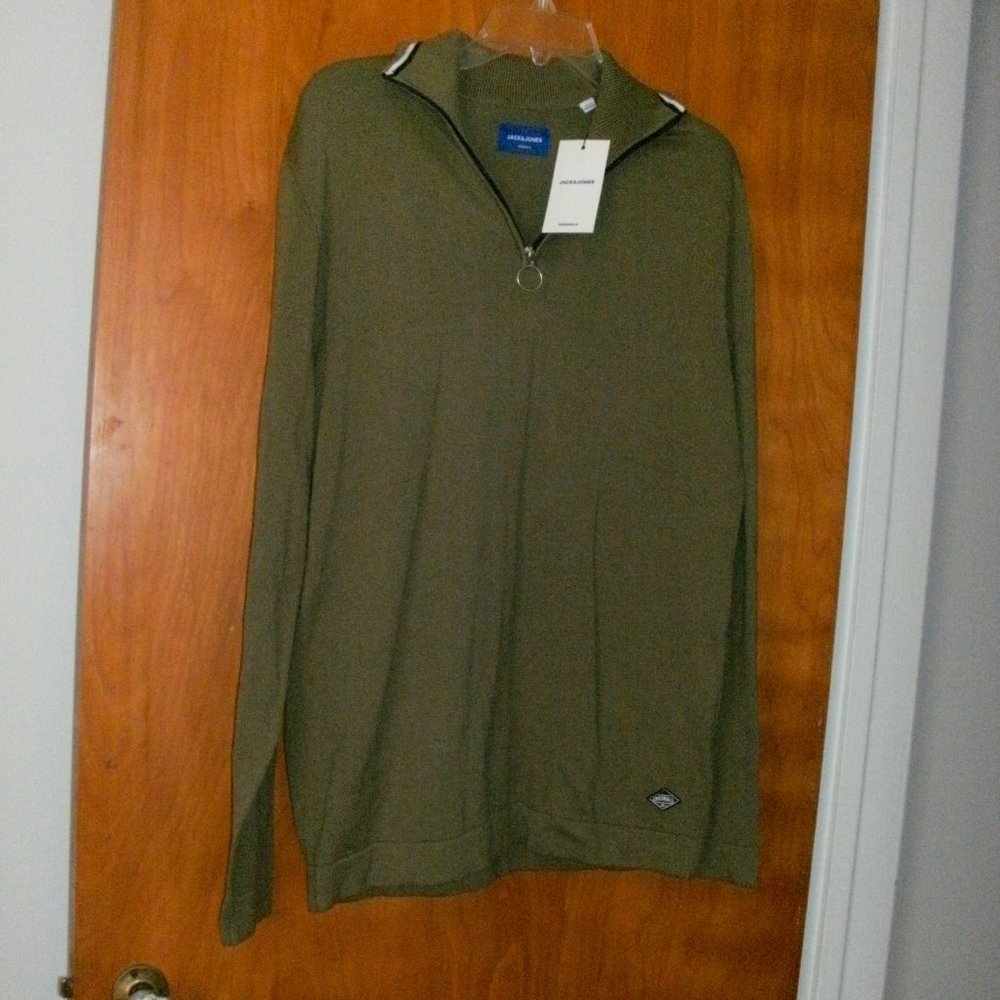 NWT Jack & Jones Olive Green 1/4 zip Pullover High Collar Knit Cotton Sweater L